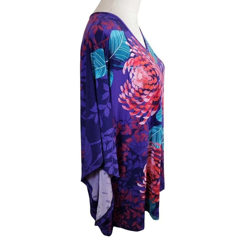 Quacker Factory Jeanne Bice Purple Floral Rhinestone V-Neck Poncho Top Sz XL NWT